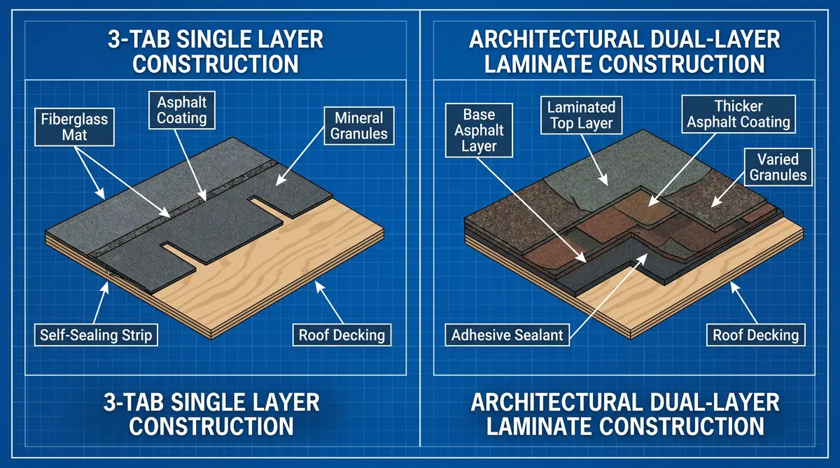 Cross-section comparison showing single-layer 3-tab asphalt shingle construction versus the dual-layer laminated construction of an architectural shingle
