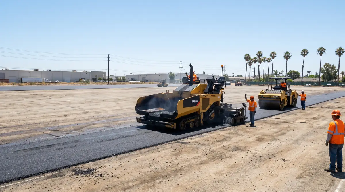 Large commercial asphalt paving operation in Southern California with paver machine and roller crew on wide parking lot under clear blue sky