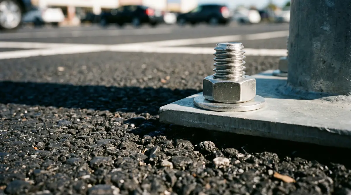 Stainless steel wedge anchor bolt installed vertically into black asphalt surface with metal base plate and nut at surface level on commercial parking lot