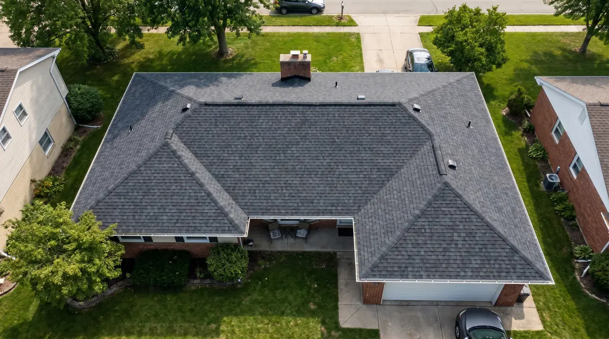 Aerial view of a residential home with a newly installed dark charcoal architectural shingle roof showing dimensional shadow lines and clean ridge cap