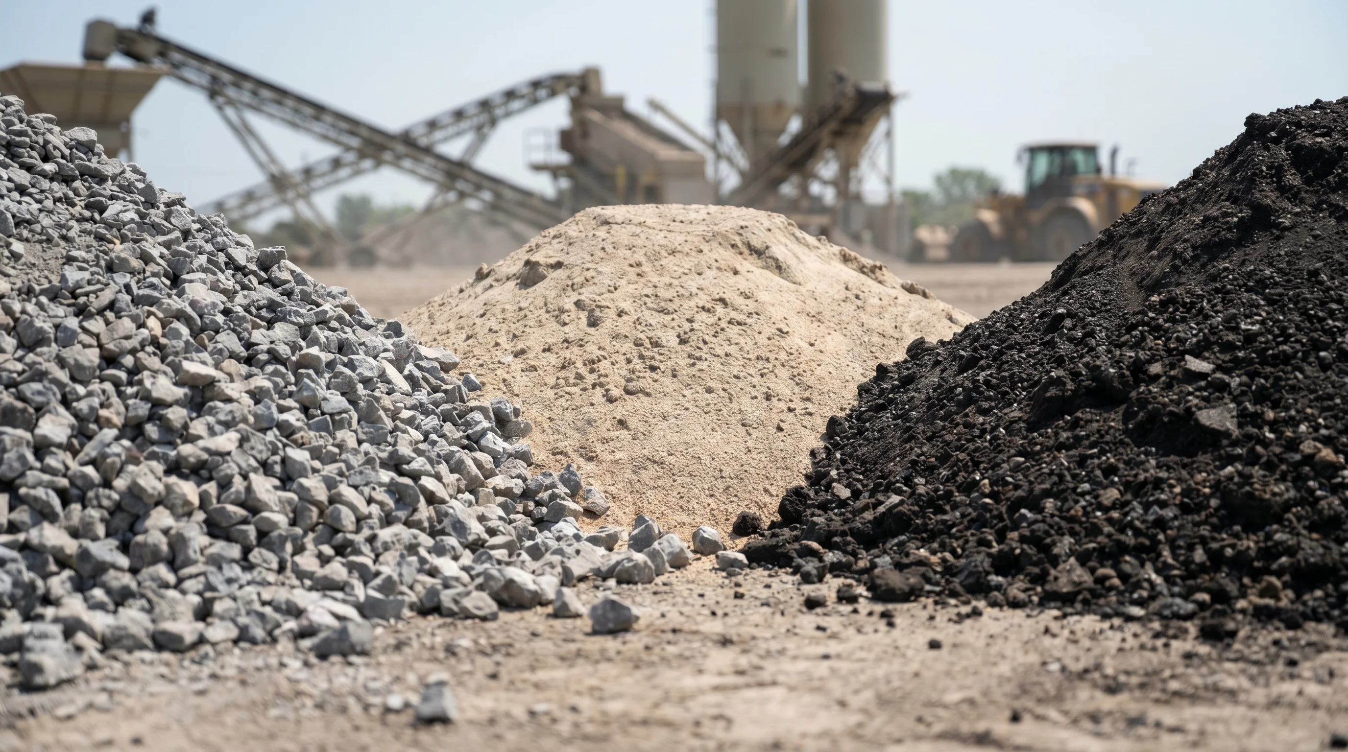 Three separate stockpiles of construction aggregates side by side — coarse crushed gray limestone, fine washed sand, and dark recycled asphalt millings — at an industrial plant