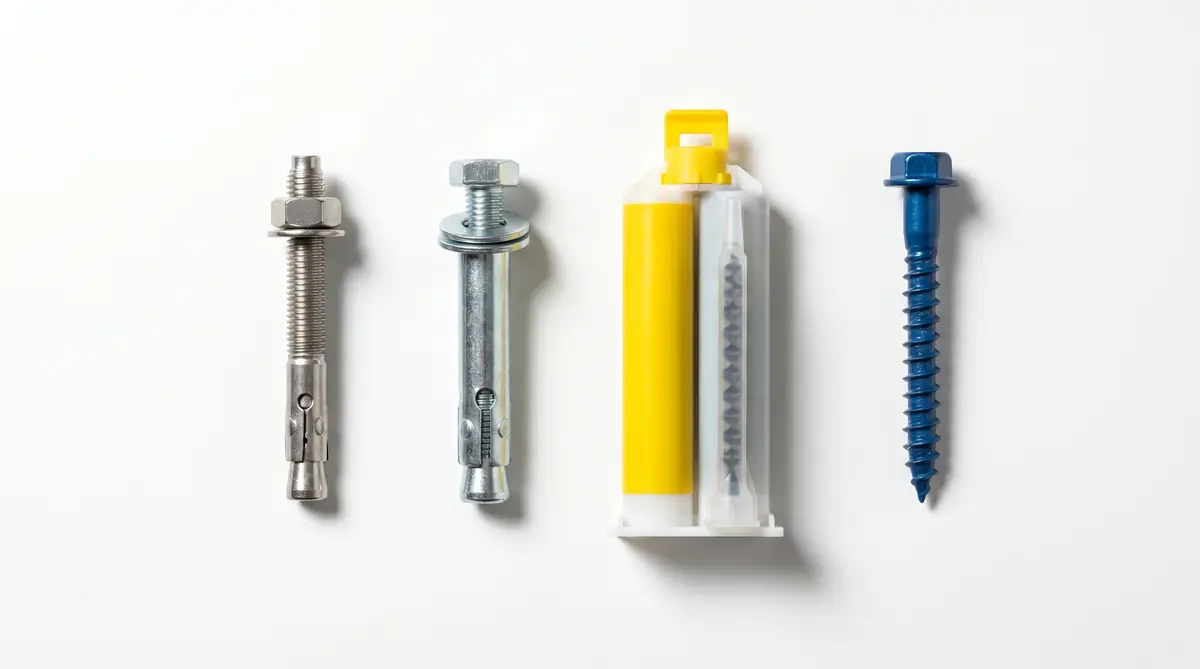 Four anchor types arranged on white surface — wedge anchor, sleeve anchor, epoxy cartridge with mixing nozzle, and self-tapping screw anchor for asphalt