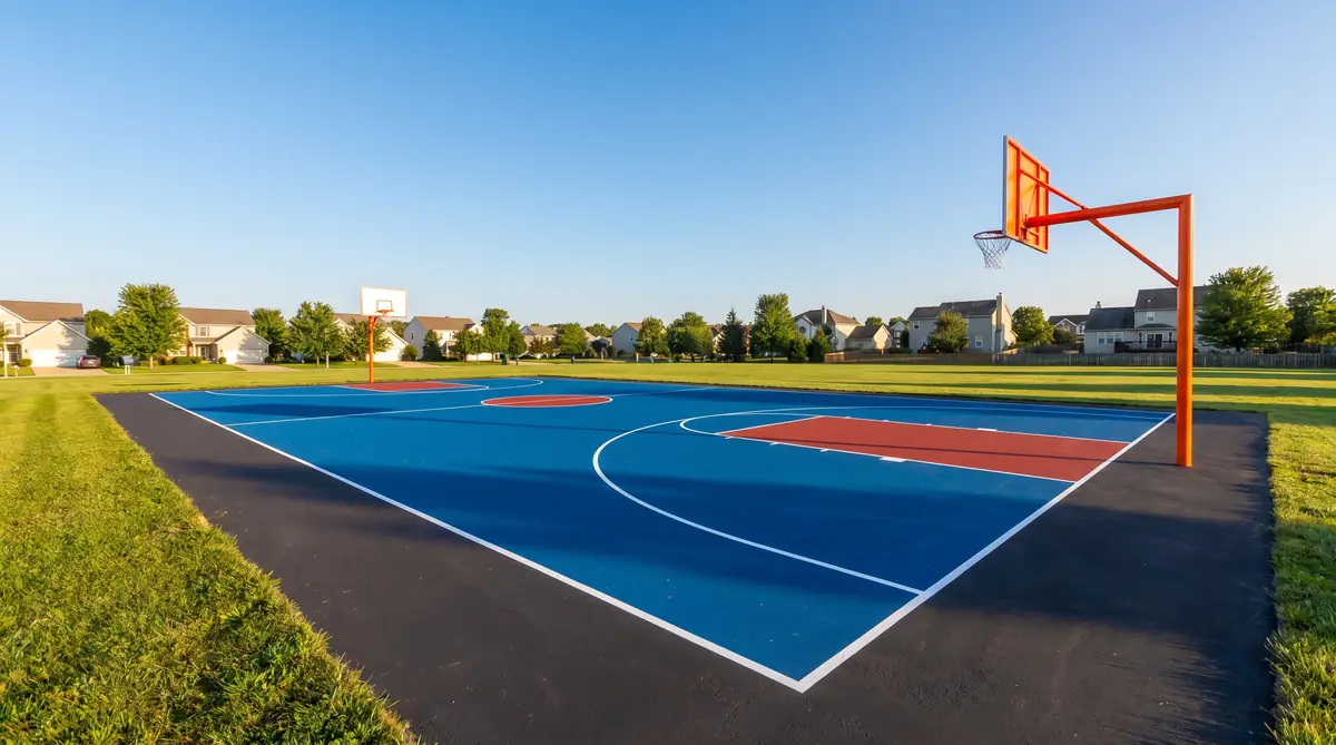 Freshly completed full-size outdoor asphalt basketball court with blue and red acrylic sport coating, white court lines, and two orange hoops surrounded by green grass