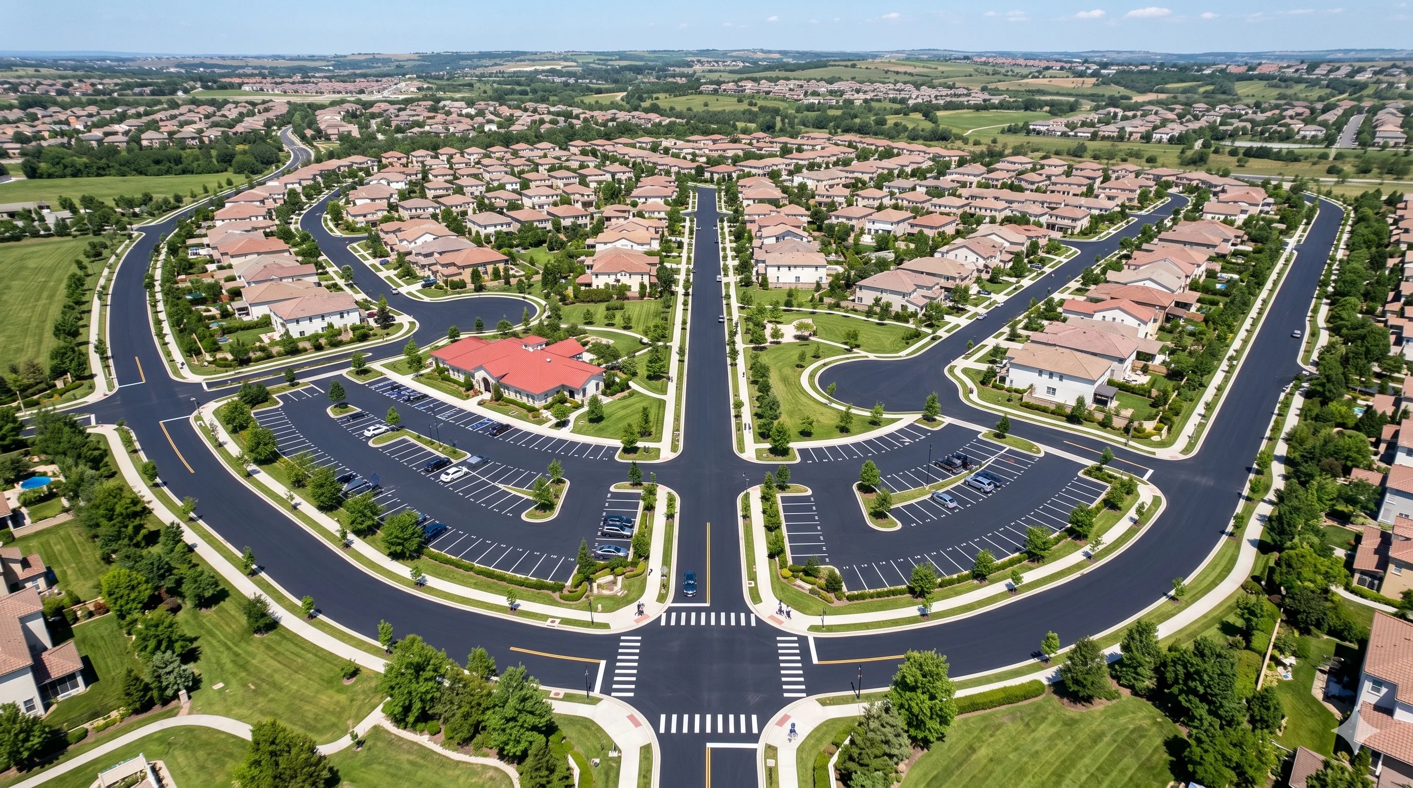 Asphalt and concrete maintenance for residential communities — freshly sealed community parking lot and roads