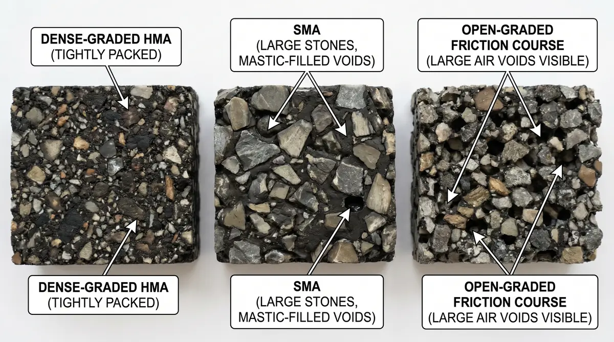 Three asphalt concrete mix cross-section samples side by side on white background with labels: dense-graded HMA showing tightly packed aggregate, stone matrix asphalt with large stones and mastic-filled voids, and open-graded friction course with visible large air voids