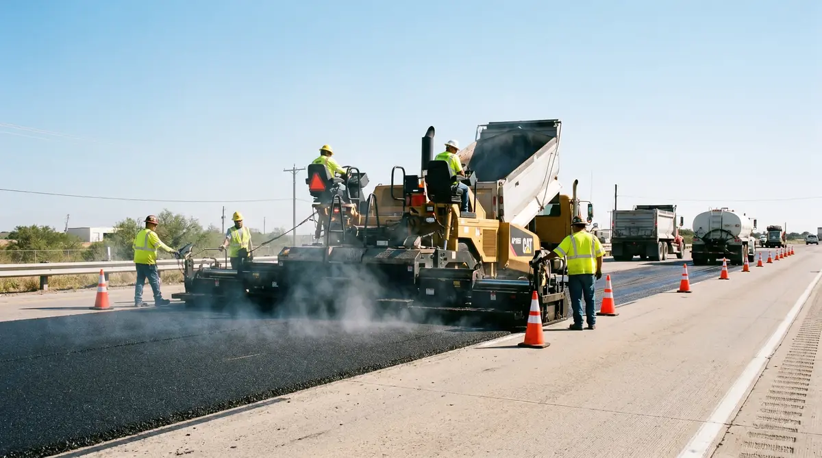 Large commercial asphalt paver machine laying hot mix asphalt concrete on a wide road surface with steam rising from the fresh black mat, workers in hi-vis vests guiding the operation under clear sky