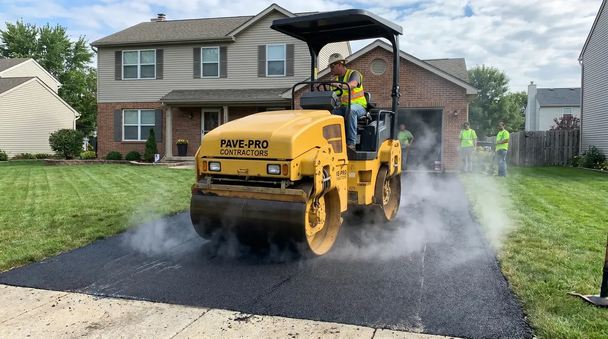 Asphalt roller compactor operated by a paving contractor pressing down fresh hot asphalt on a residential driveway