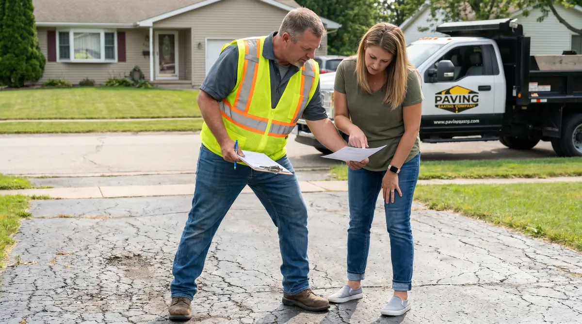 Contractor reviewing asphalt project estimate at a paving job site