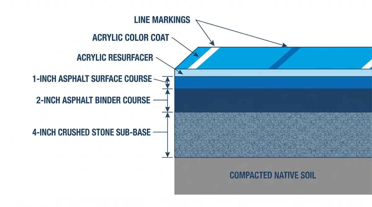 Cross-section diagram showing asphalt basketball court layer structure from compacted soil through crushed stone sub-base, binder course, surface course, acrylic resurfacer, color coat, and line markings