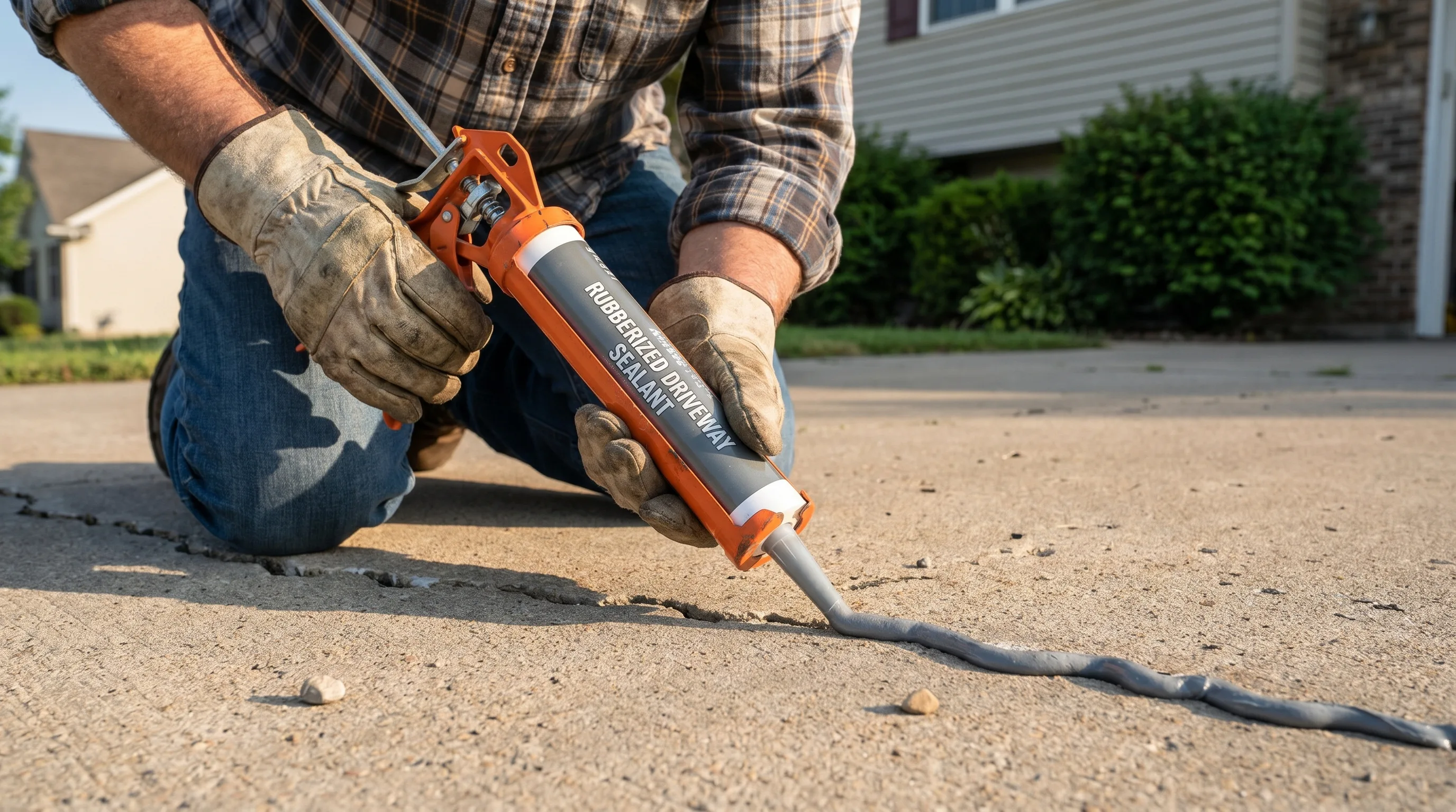 Homeowner in gloves using a caulk gun to apply gray rubberized sealant into a driveway crack in outdoor daylight