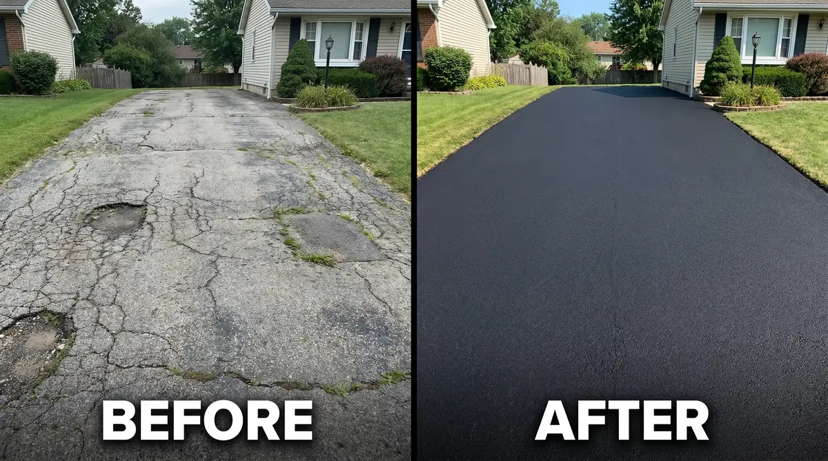 Asphalt crack filler before and after — cracked driveway repaired and sealed