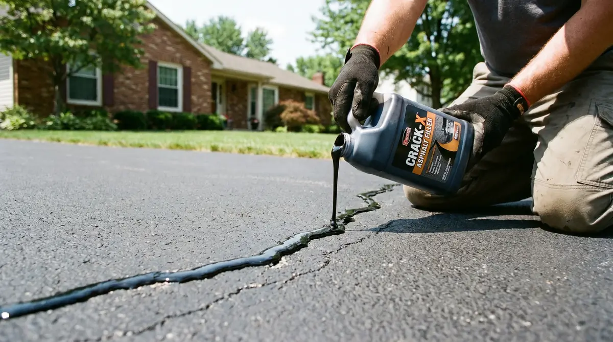 Applying asphalt crack filler into a driveway crack — asphalt crack repair in progress