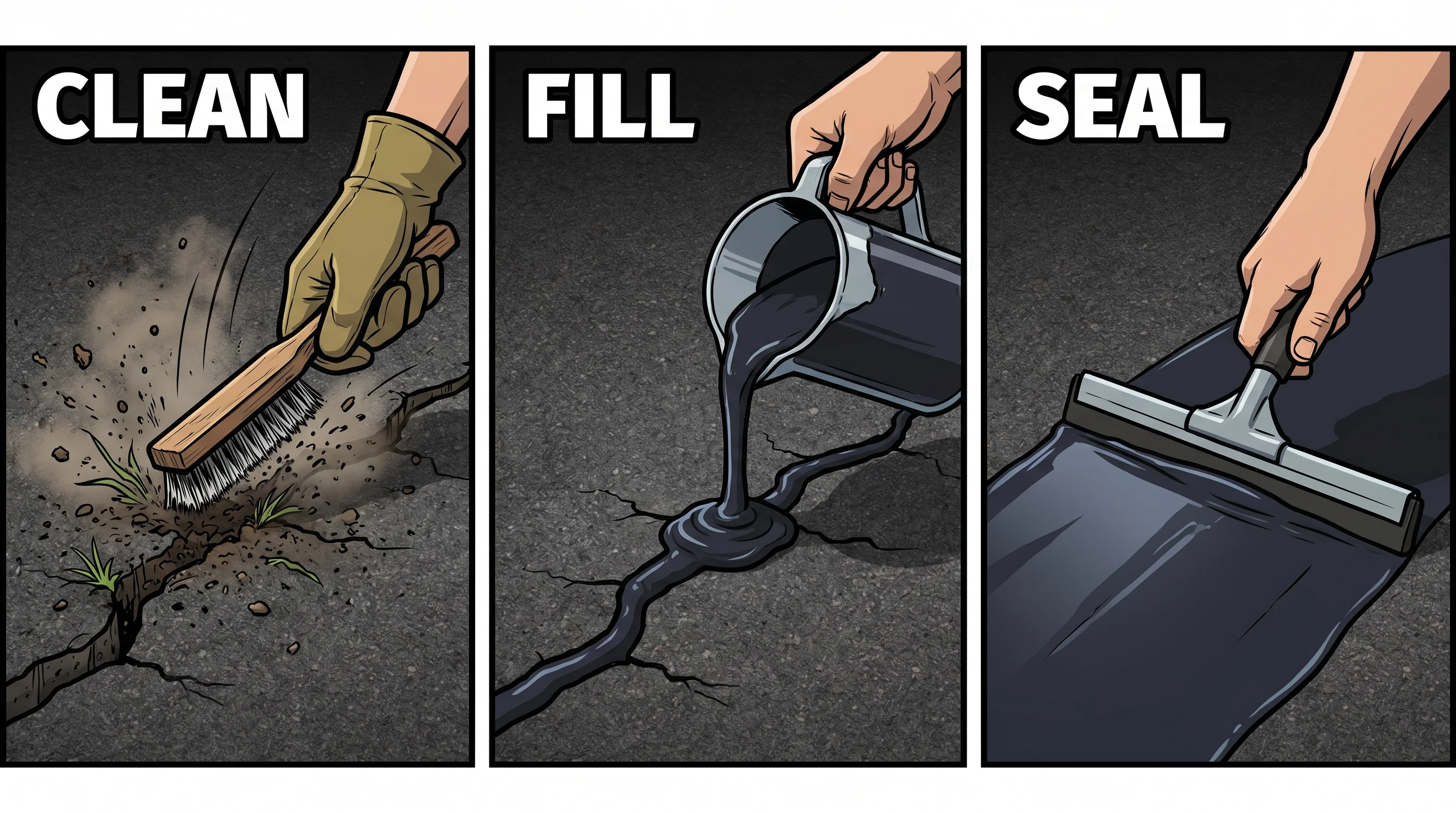 Asphalt crack repair steps: clean the crack, fill with crack filler, then seal the surface
