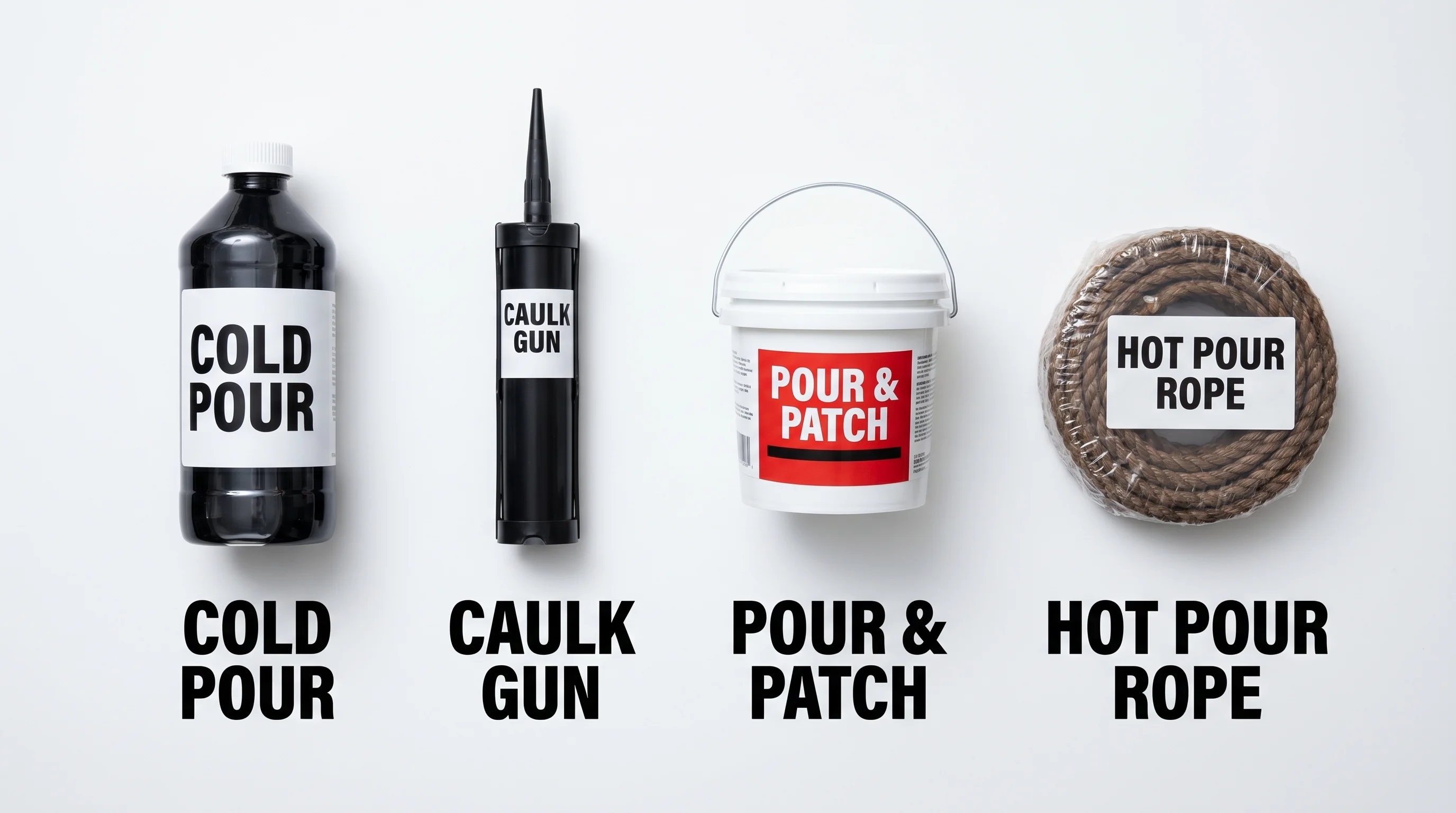 Four types of asphalt crack filler: cold pour bottle, caulk gun cartridge, pour-and-patch bucket, and hot pour rope