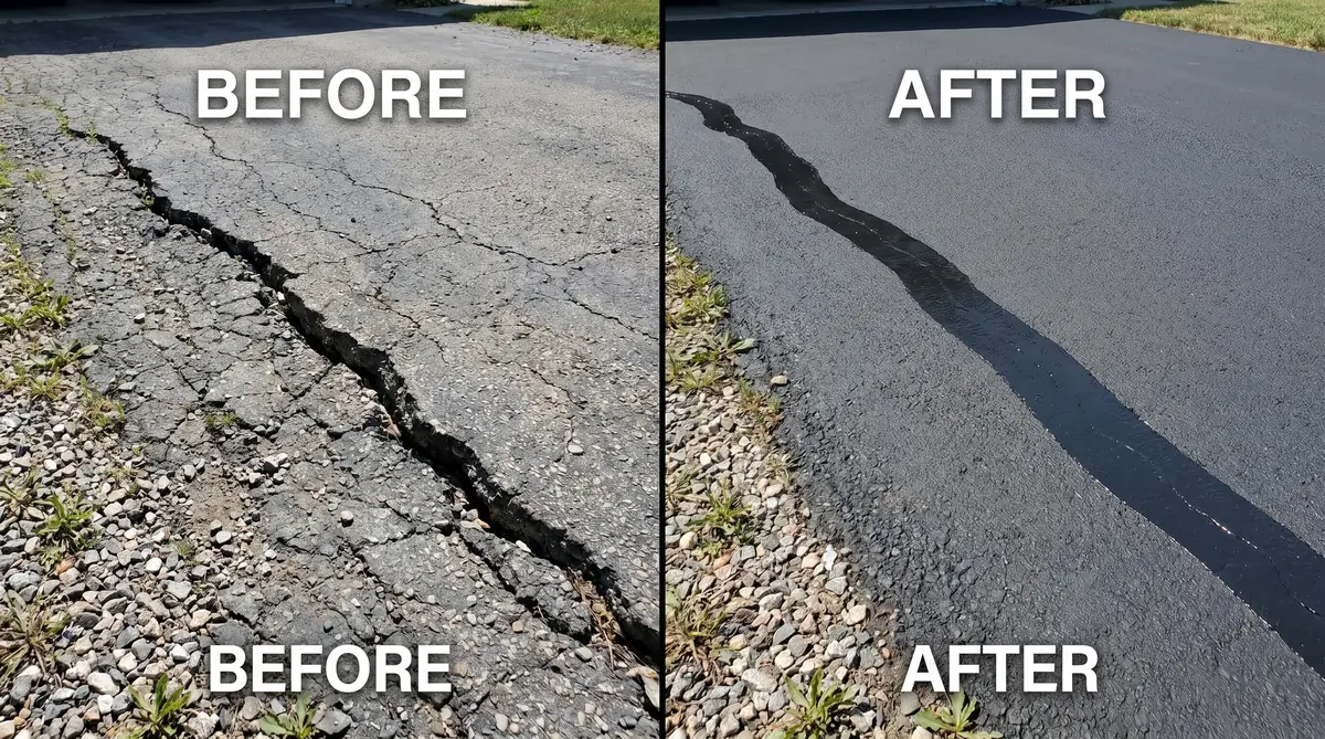 Before and after asphalt crack filling: open crack on left, neatly filled crack on right