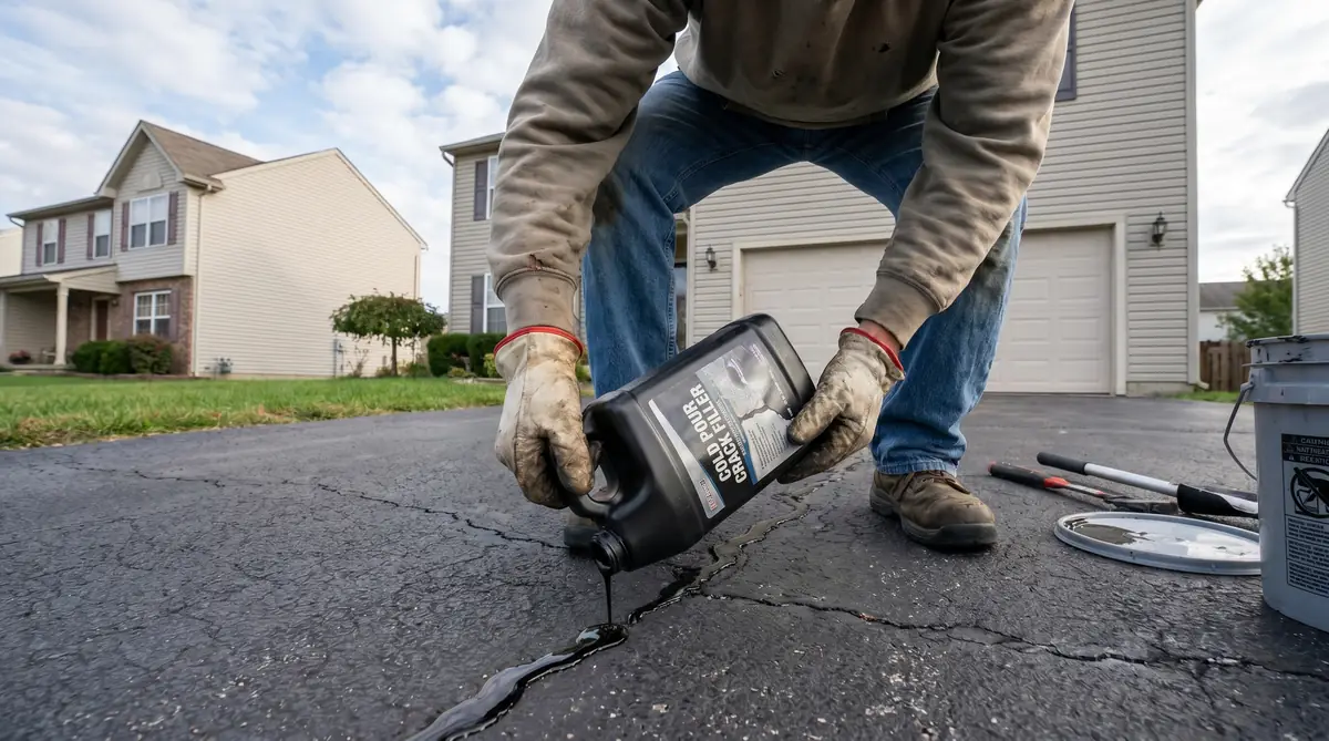 Homeowner applying cold pour asphalt crack filler from a bottle into a driveway crack