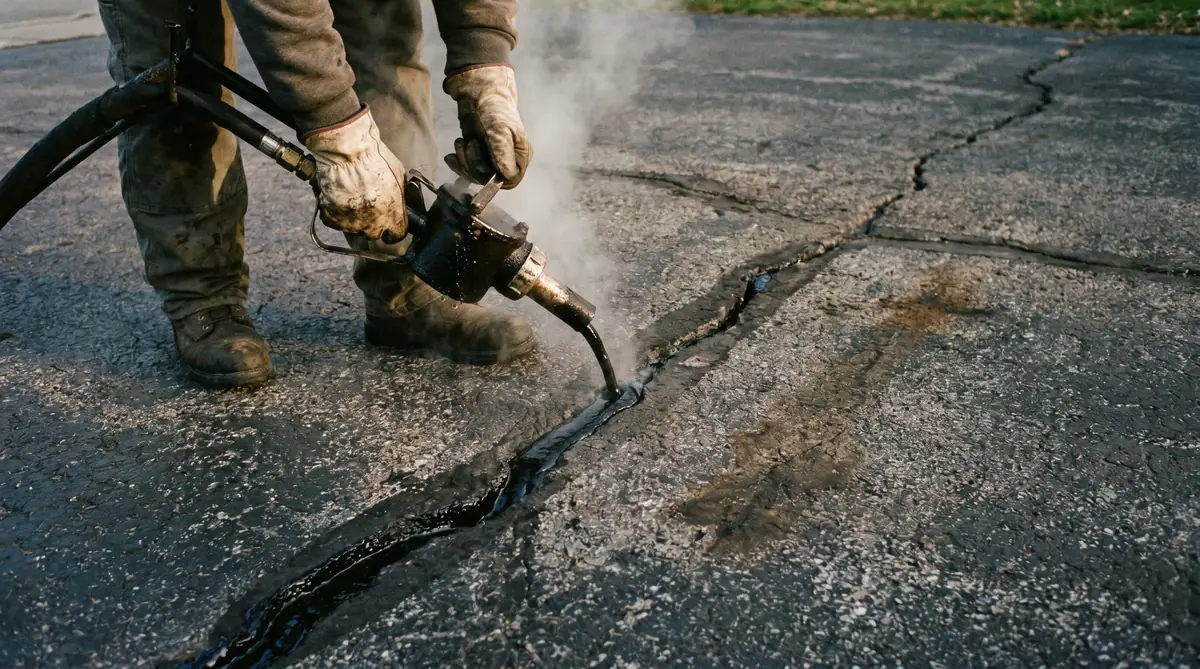 Worker filling a large asphalt driveway crack with a hot pour crack filler applicator