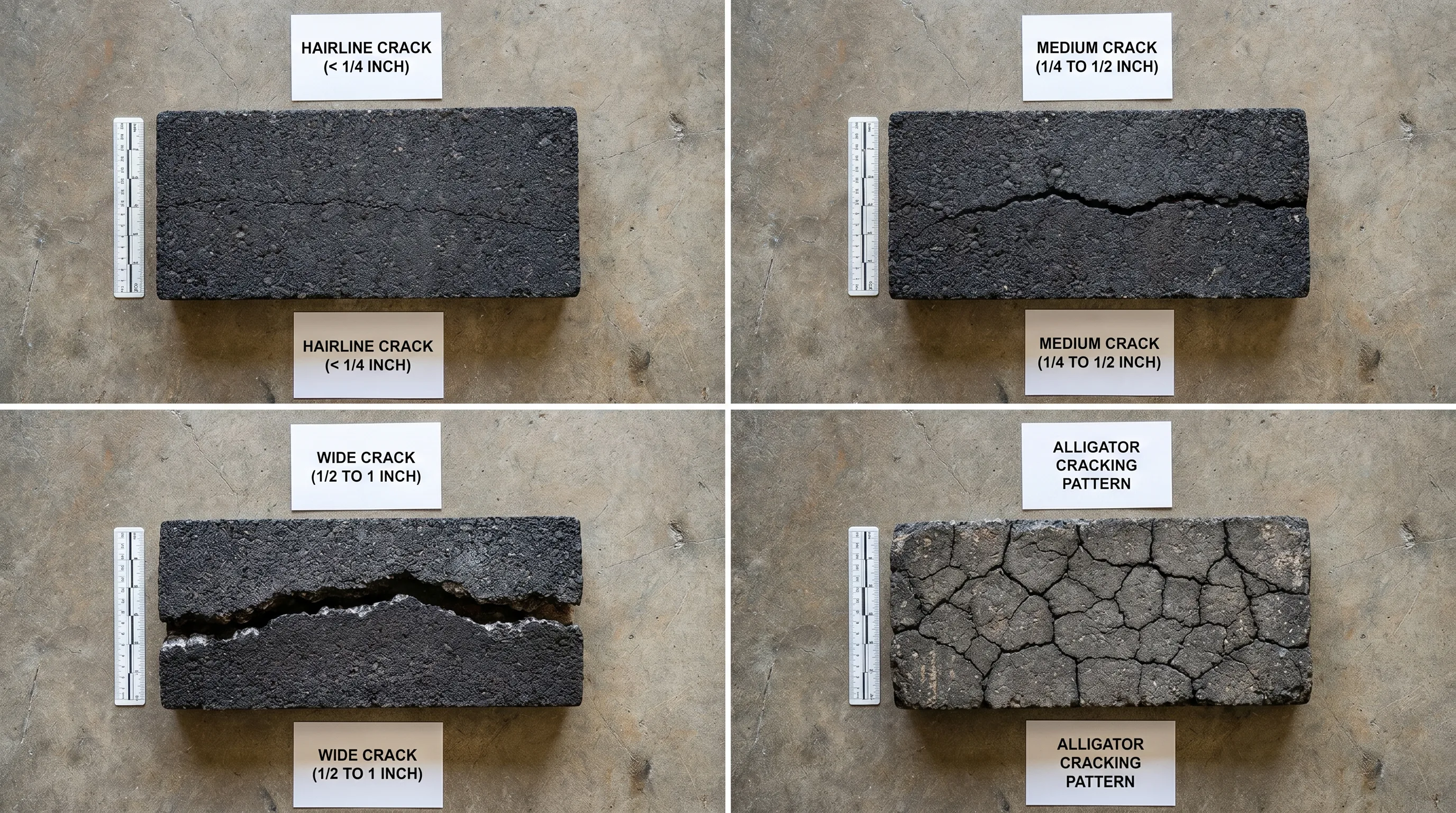 Four labeled close-up sections of asphalt showing hairline crack under one-quarter inch, medium crack one-quarter to one-half inch, wide crack one-half to one inch, and alligator cracking pattern