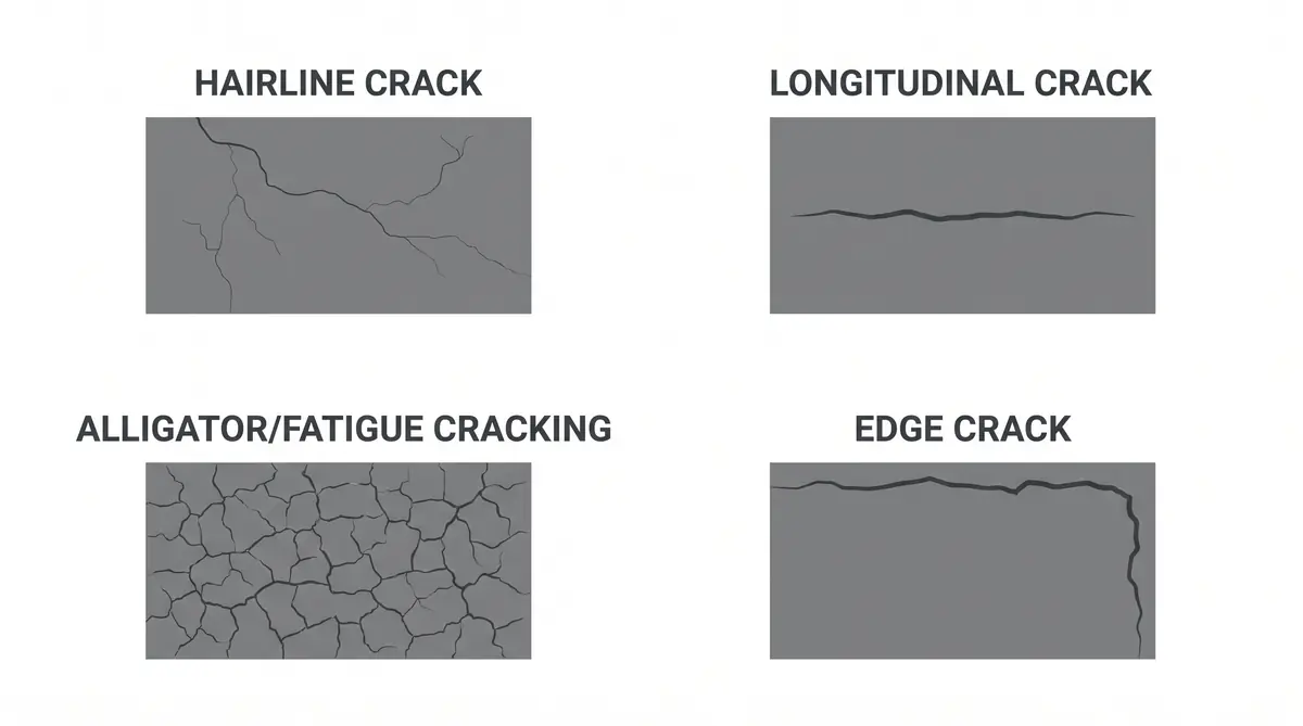 Diagram showing four types of asphalt cracks: hairline, longitudinal, alligator cracking, and edge crack