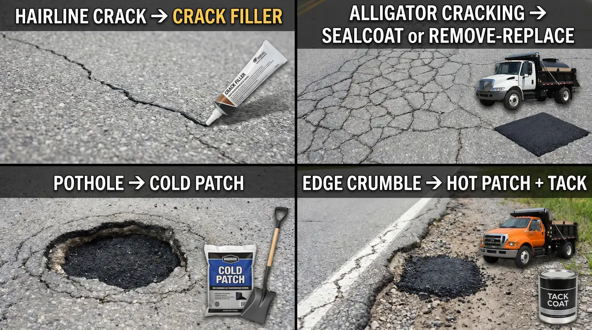 Four panel infographic showing asphalt damage types matched to repair products: hairline crack matched to crack filler tube, alligator cracking matched to sealcoat or remove-and-replace, pothole matched to bagged cold patch, and edge crumble matched to hot patch with tack coat