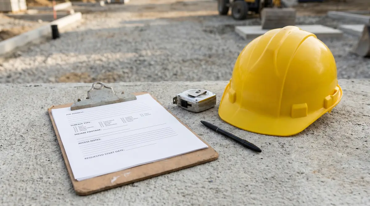 Contractor clipboard with paving job intake checklist showing checkboxes for address, surface type, square footage, access notes, and timeline on a concrete surface