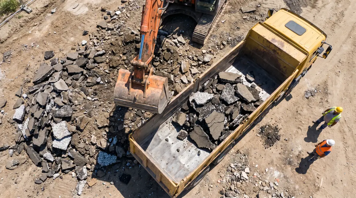Overhead view of broken asphalt chunks and slabs from a demolished driveway being loaded by an orange excavator into a heavy-duty dump truck at a construction demolition site