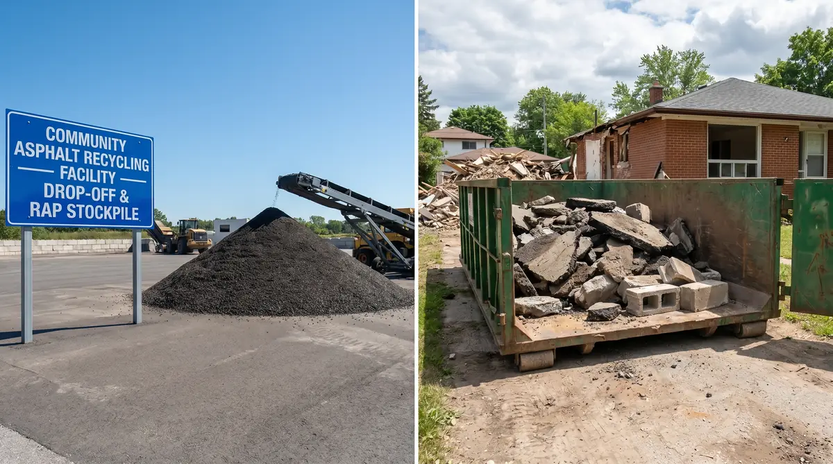 Split image comparing two asphalt disposal options: left panel shows a clean asphalt recycling facility with labeled RAP stockpile under open sky, right panel shows a green roll-off dumpster filled with broken asphalt debris at a residential demolition site