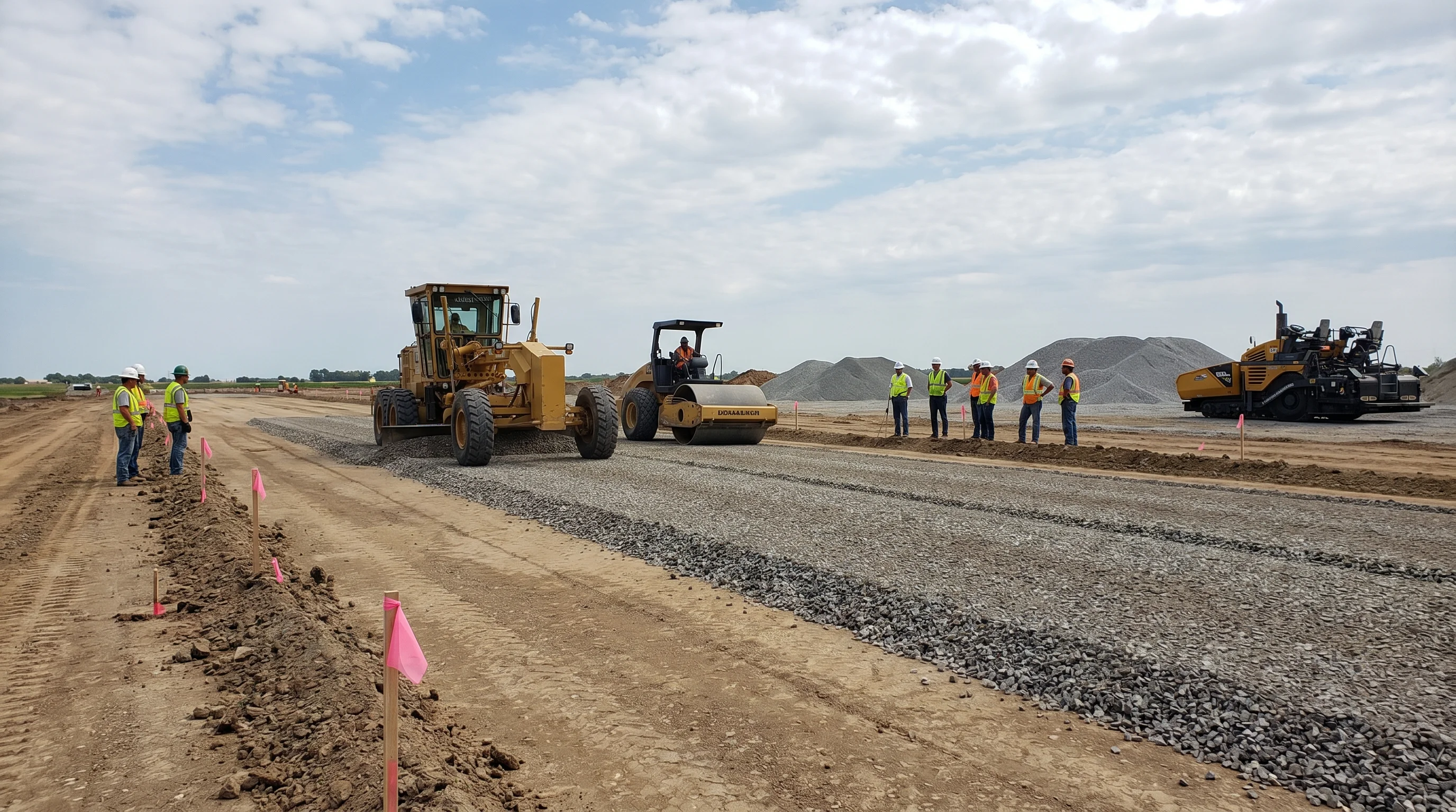 Gravel sub-base being raked and leveled on a residential driveway site before paving, showing compacted crushed stone base layer