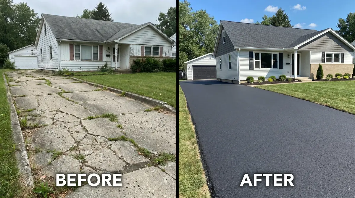Before and after comparison: cracked old driveway on left, brand new smooth asphalt driveway on right