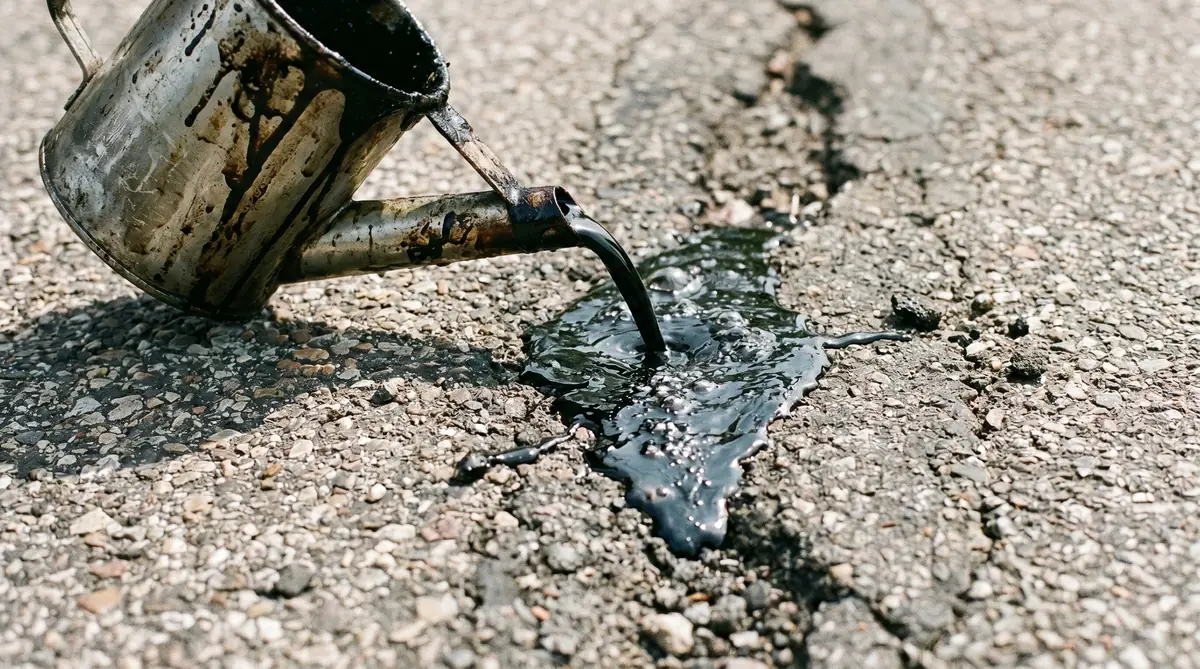 Close-up of an asphalt driveway crack being filled with liquid crack filler applied from a pour-pot applicator
