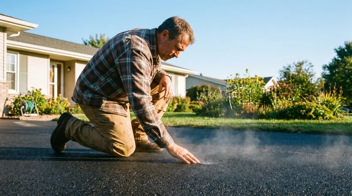 Homeowner inspecting freshly paved asphalt driveway