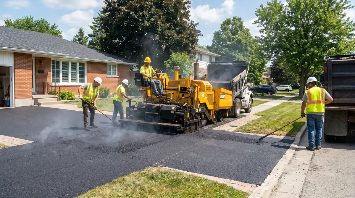 Professional paving crew installing fresh hot asphalt on a residential driveway