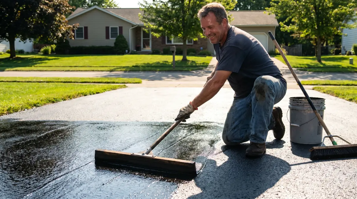 Homeowner applying black sealcoat to a residential asphalt driveway with a long-handled squeegee on a sunny day