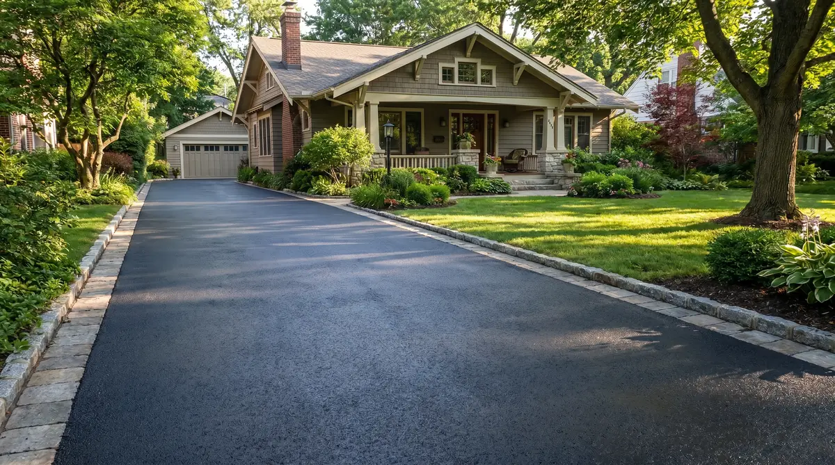 Well-maintained dark asphalt driveway with clean edges and no visible cracks leading to a residential home