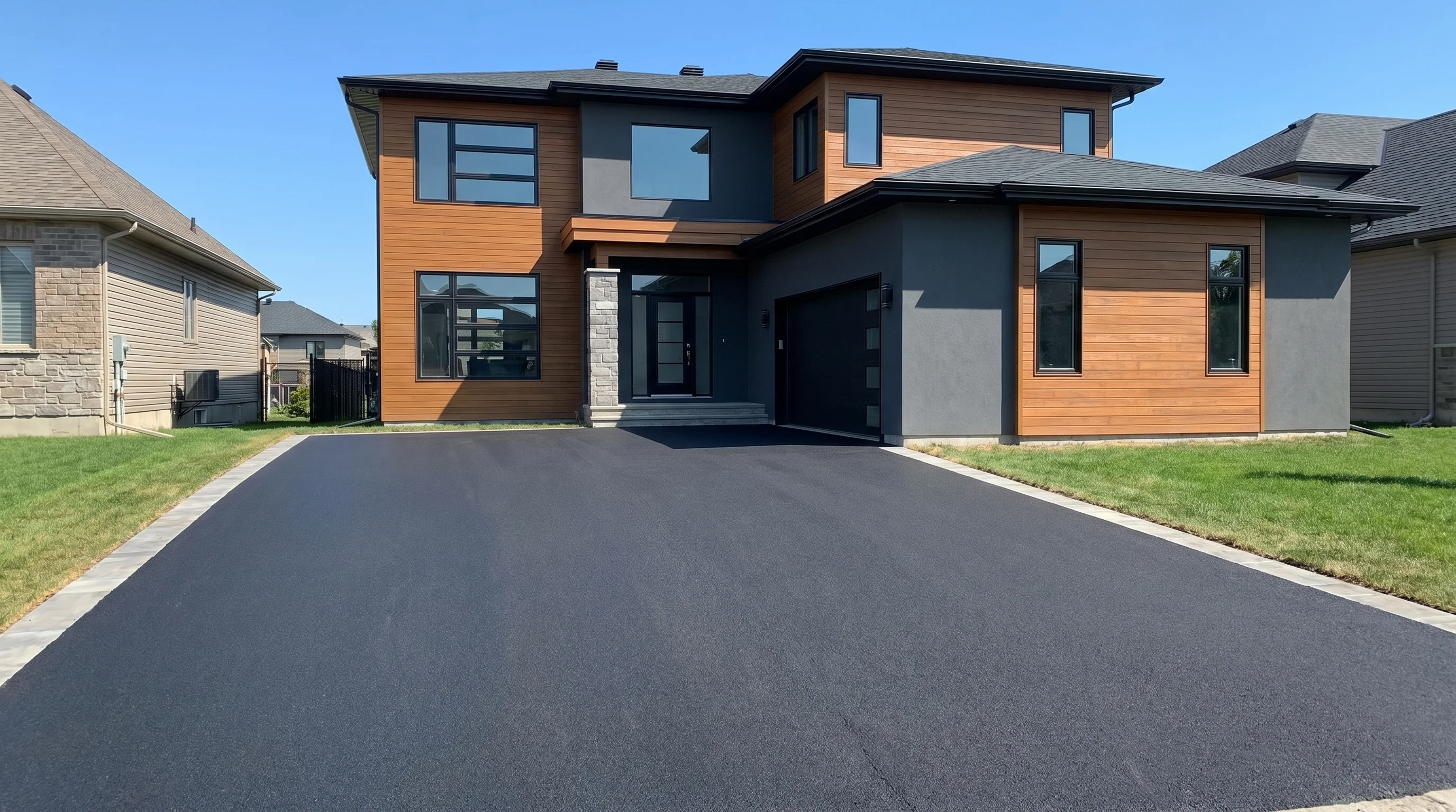 Fresh smooth dark modern asphalt driveway leading to a residential home with clean edges and a uniform compacted surface in afternoon light