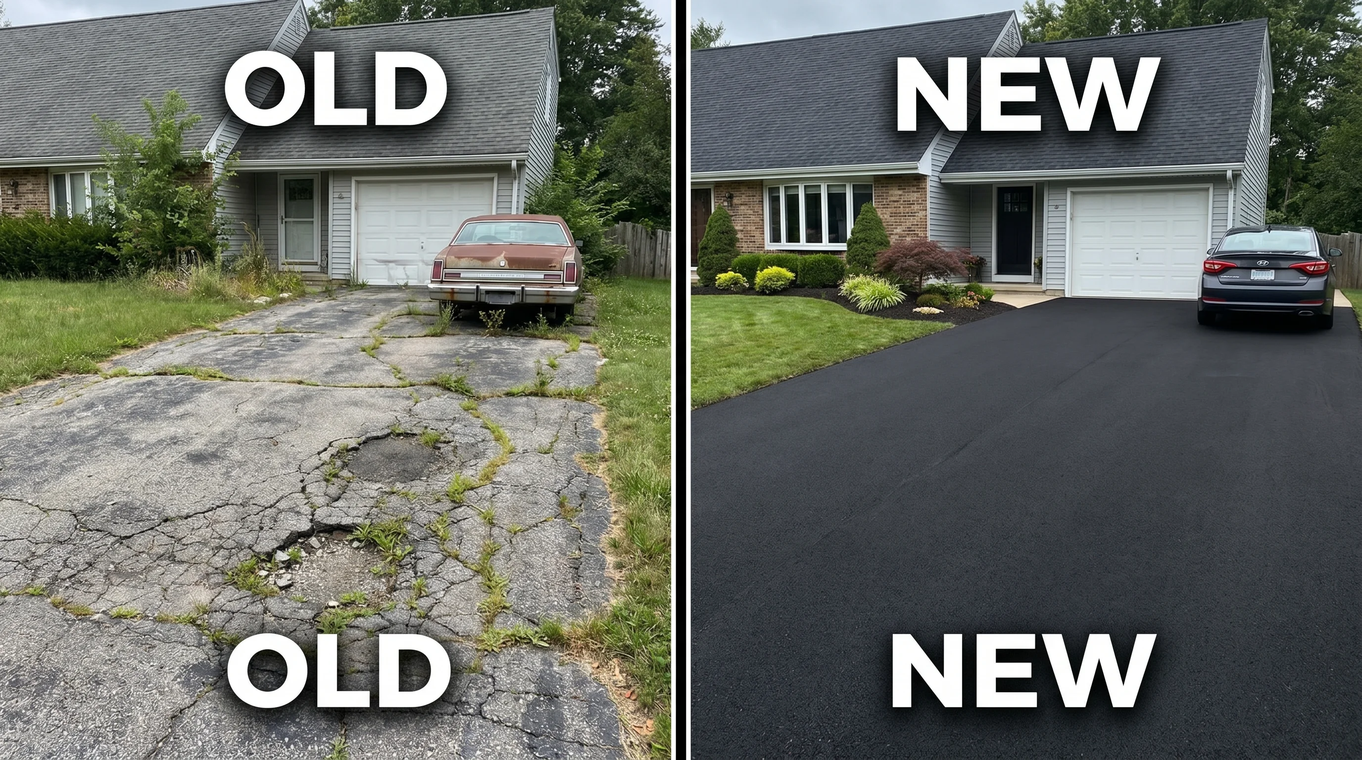 Old cracked asphalt driveway versus new freshly paved asphalt driveway — before and after replacement