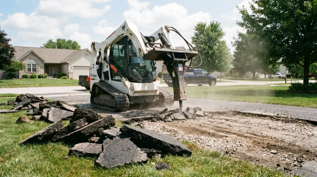 Excavator breaking up and removing old asphalt driveway — bare gravel base exposed