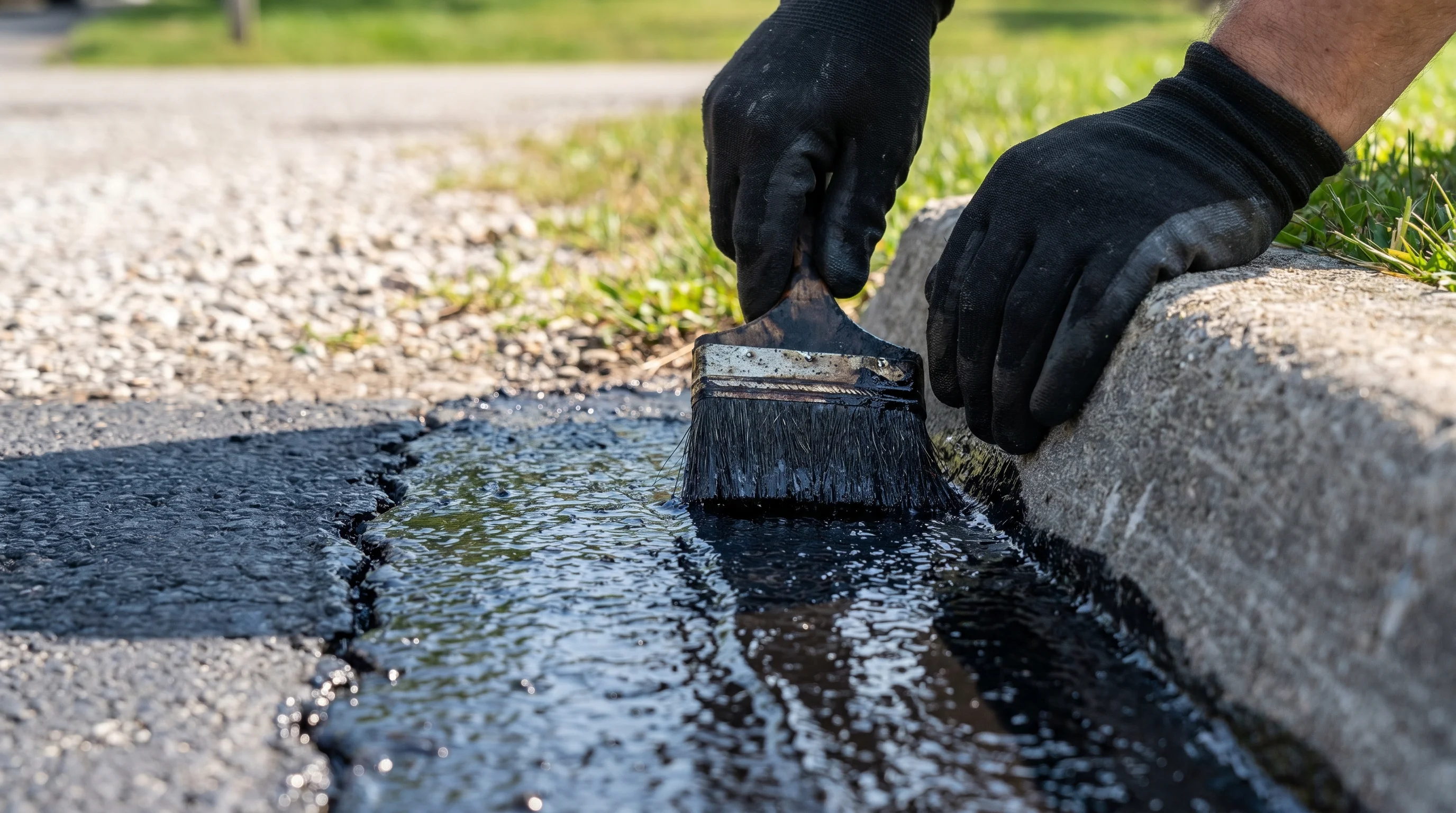 Close-up of applying asphalt driveway sealant along driveway edge with a brush applicator