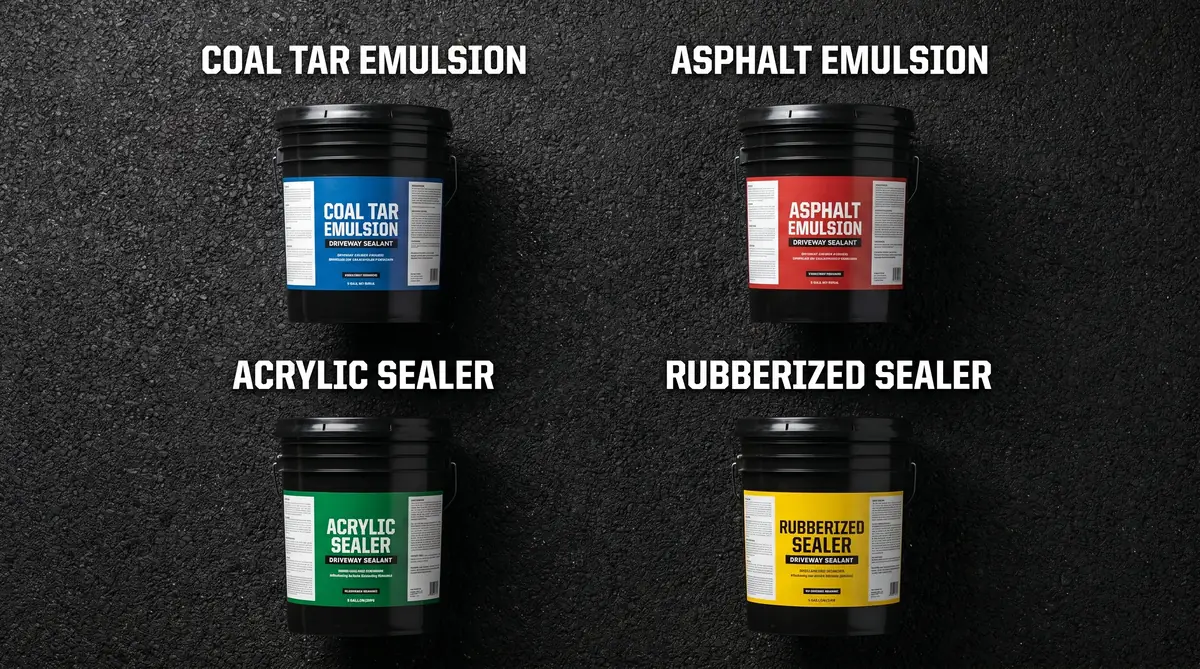 Four types of asphalt driveway sealant products: coal tar emulsion, asphalt emulsion, acrylic sealer, and rubberized sealer