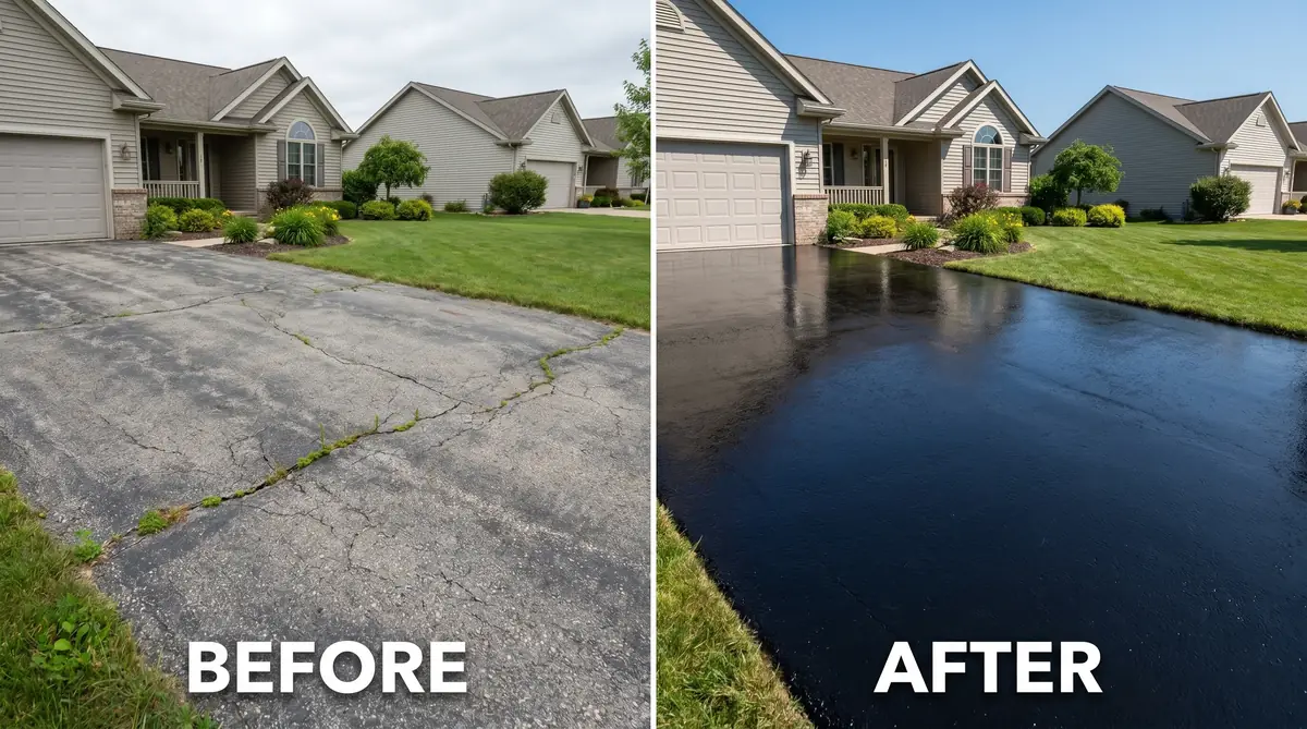 Before and after applying asphalt driveway sealer — faded gray driveway versus freshly sealed jet-black driveway
