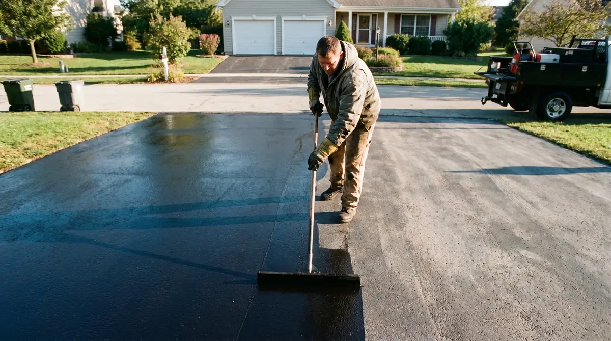 Professional contractor applying asphalt driveway sealer with a squeegee on a residential driveway