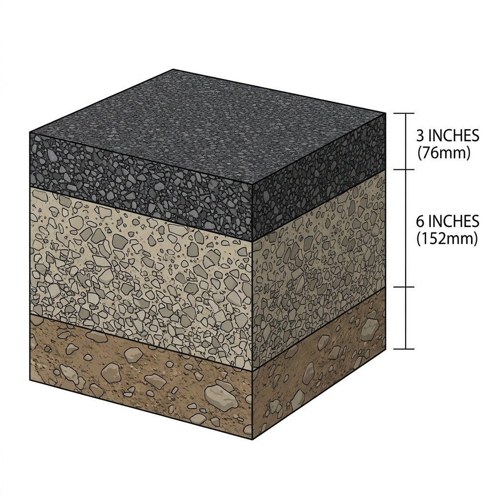 Cross-section diagram showing asphalt driveway layers — asphalt, gravel base, and subgrade