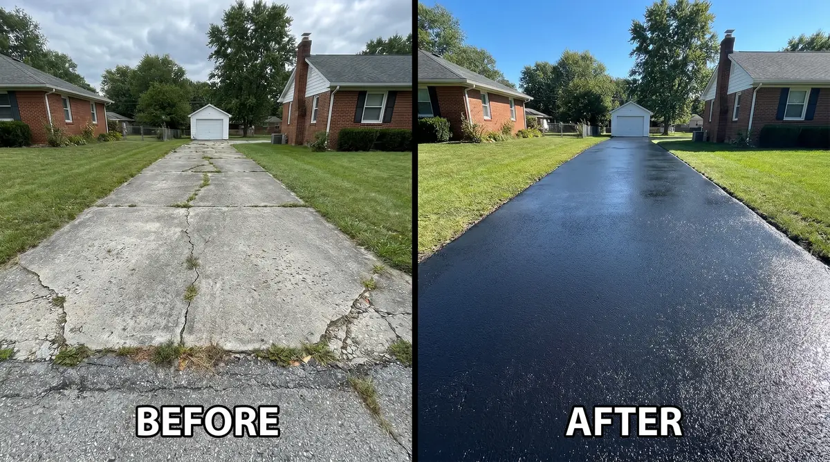 Driveway before and after asphalt emulsion sealer application