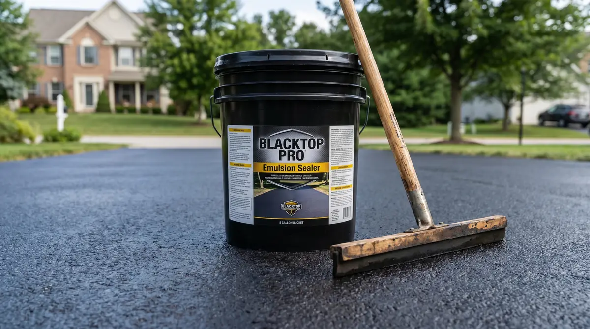 5-gallon bucket of asphalt emulsion sealer with squeegee