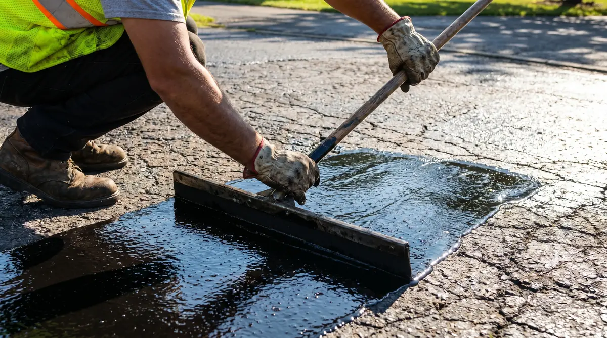 Worker applying asphalt emulsion sealer to driveway with squeegee