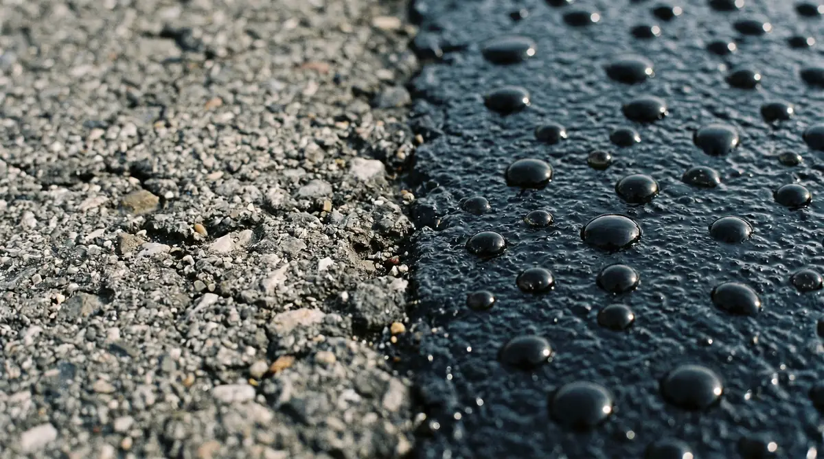 Close-up of sealed vs unsealed asphalt surface texture
