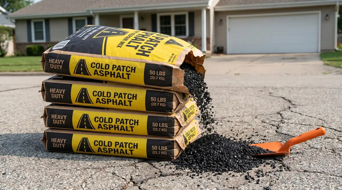 Stack of five 50-pound bags of cold patch asphalt repair mix on a residential driveway with one bag torn open showing dark black asphalt aggregate spilling out and an orange trowel beside the pile
