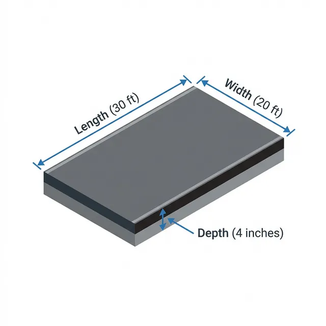 How to measure a driveway for asphalt calculation - length width and depth diagram showing 30ft x 20ft driveway at 4 inches thick