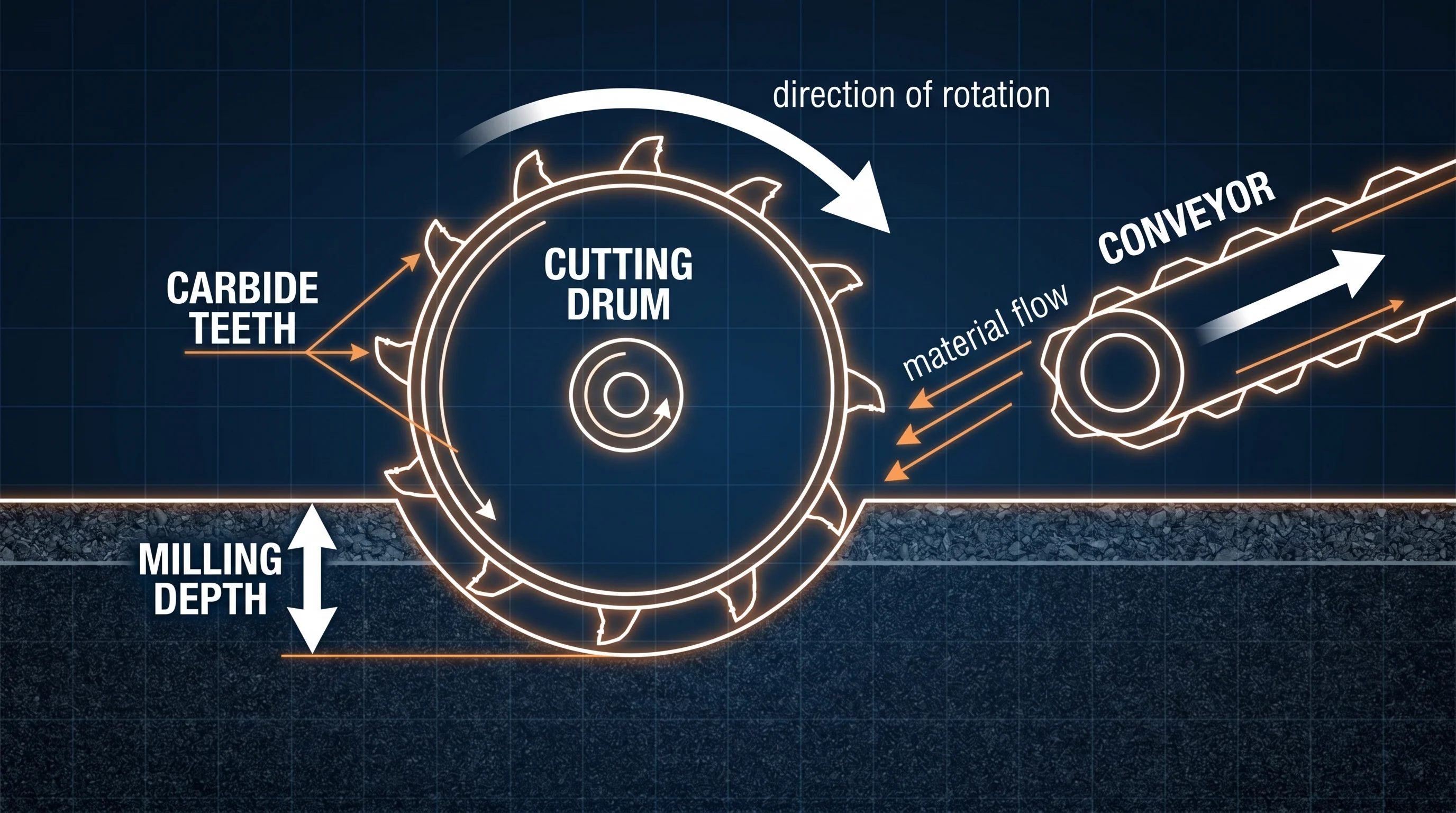 Cross-section diagram of asphalt milling drum showing carbide teeth cutting into pavement at set depth