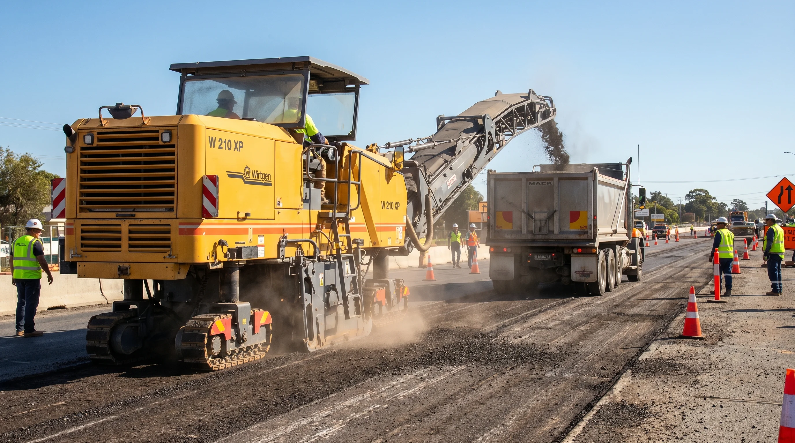 Large asphalt milling machine (cold planer) grinding road surface with conveyor loading millings into a dump truck